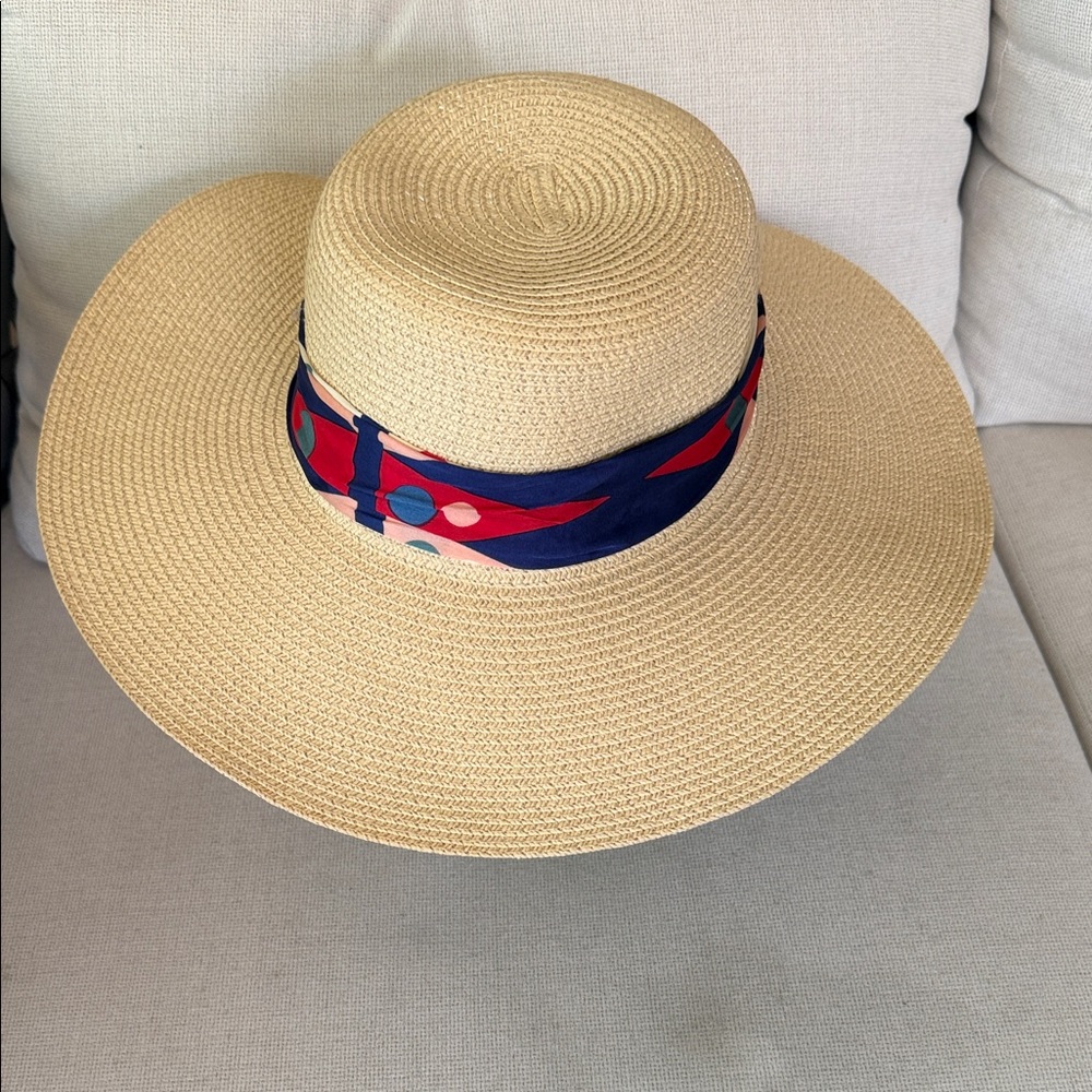 Wide Brim Straw Sun Hat with Navy Scarf Tie